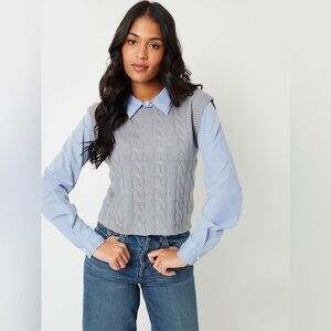 Threadbare Grey 2-in-1 Cable Knit Vest And Pinstripe Shirt